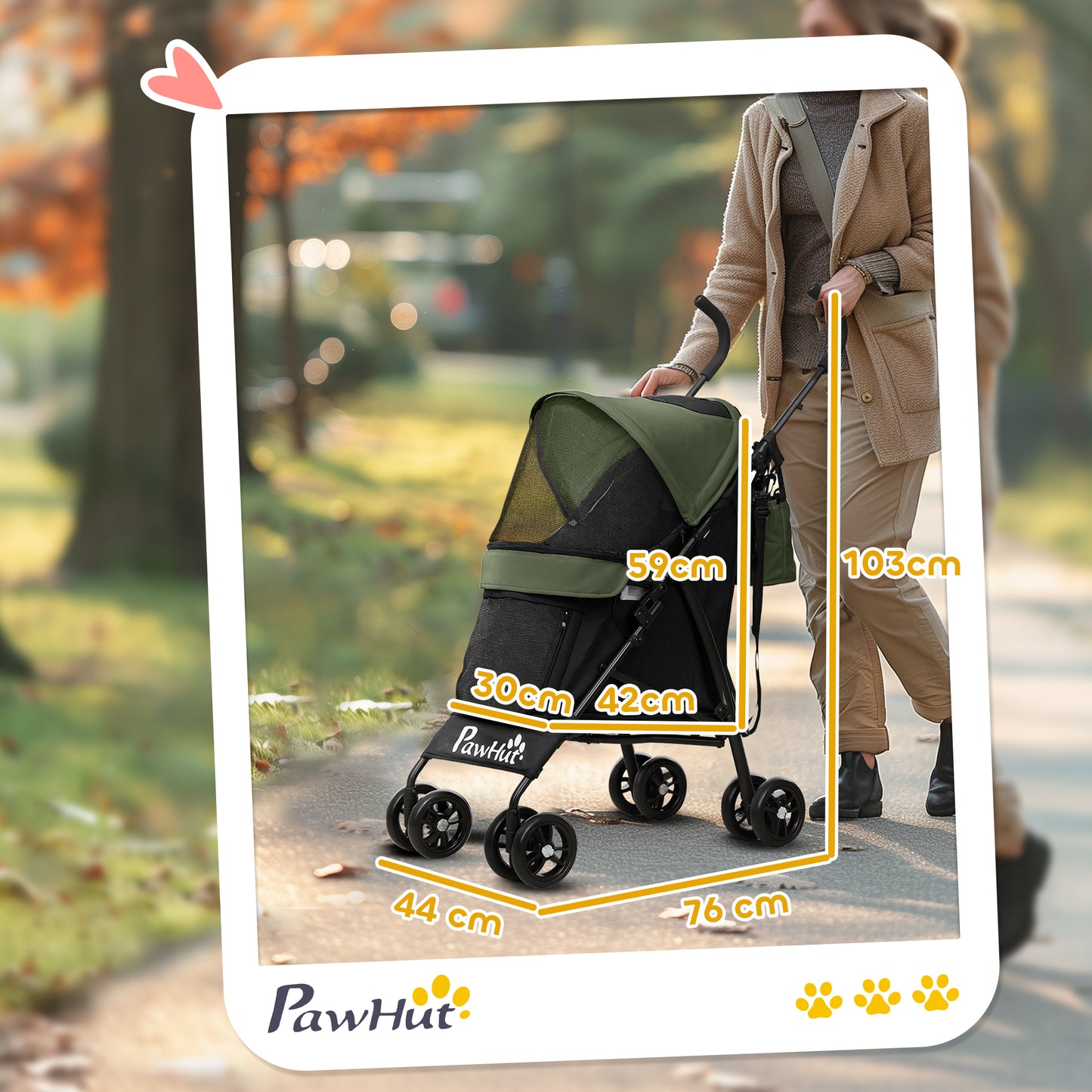 Foldable Dog Stroller, Lightweight Dog Pram w/ Shoulder Strap, Storage Bag, Cup Holder, Dark Green
