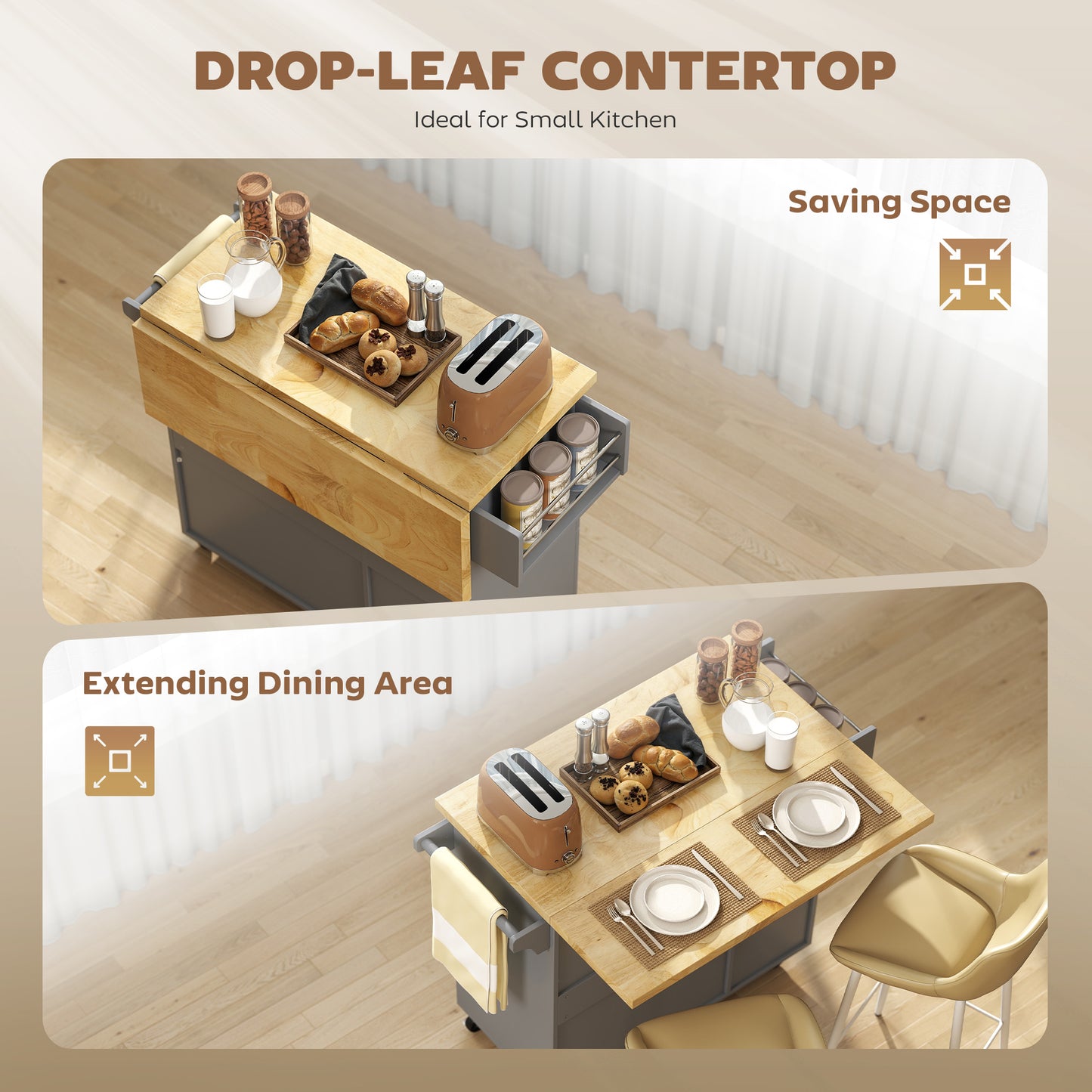 Kitchen Island on Wheels, Rolling Kitchen Storage Trolley with Drop Leaf, Drawers, Towel and Spice Rack, Grey