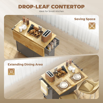 Kitchen Island on Wheels, Rolling Kitchen Storage Trolley with Drop Leaf, Drawers, Towel and Spice Rack, Grey