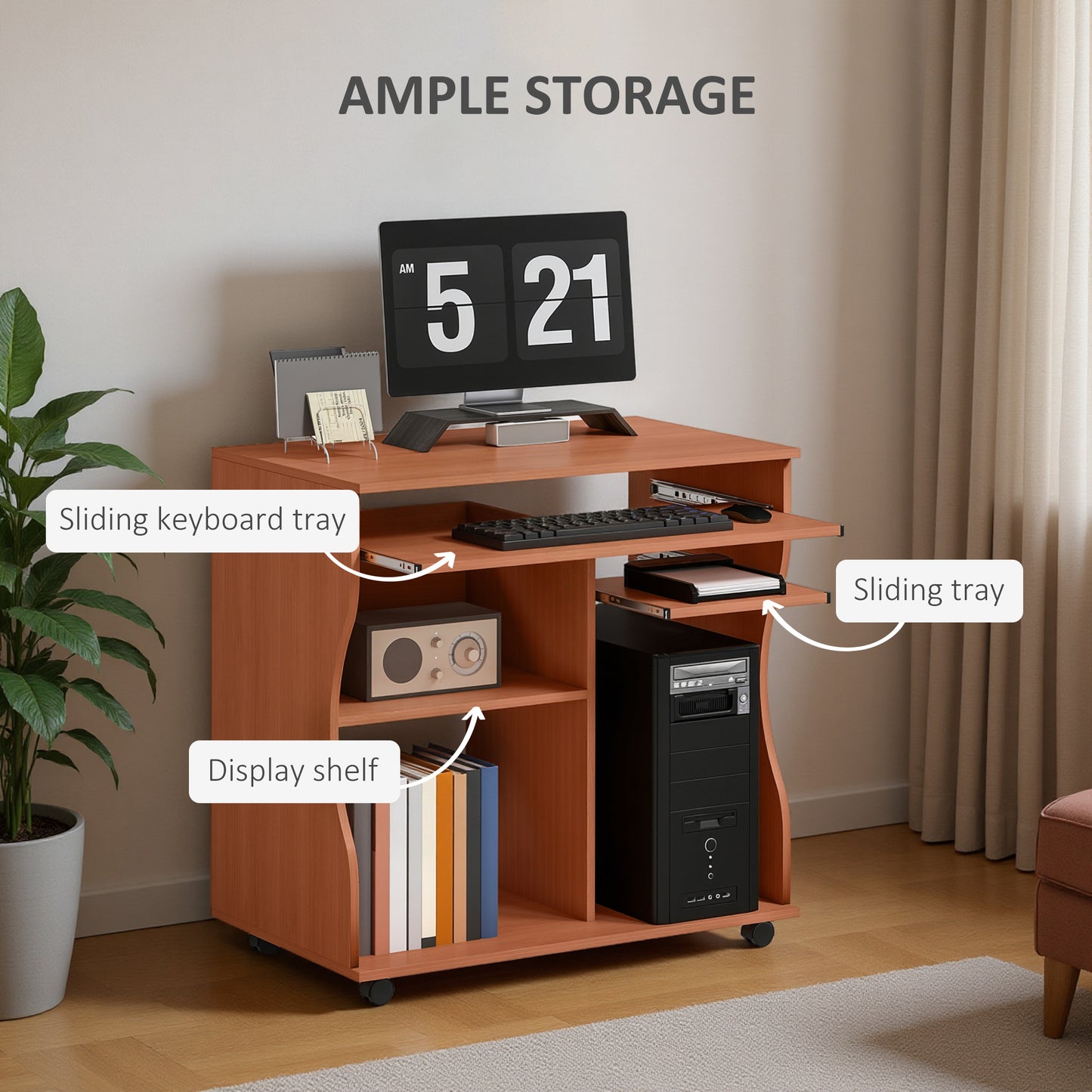 Multi-Storage Compact Work Desk, with Wheels - Cherry Wood Colour