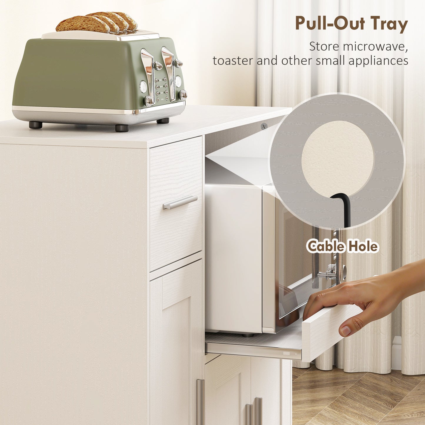 Rolling Kitchen Cart, Microwave Cabinet with Sliding Tray, Drawer, 3-Door Cupboards, Adjustable Shelf, White
