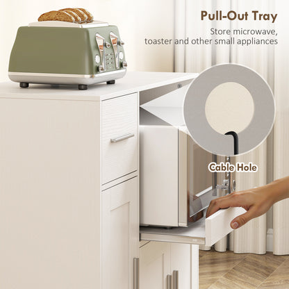 Rolling Kitchen Cart, Microwave Cabinet with Sliding Tray, Drawer, 3-Door Cupboards, Adjustable Shelf, White