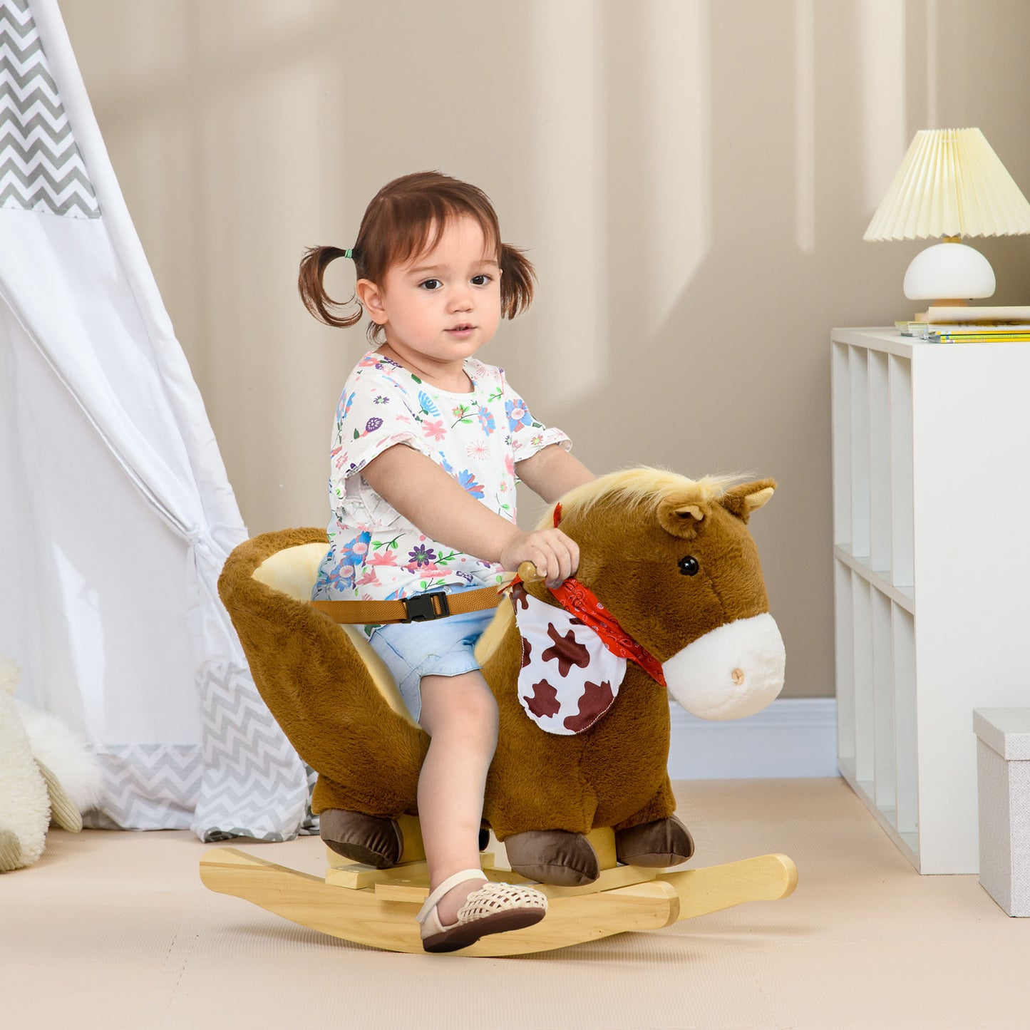 Kids Rocking Horse, with Secure Harness, Sounds, Foot Pedals - Brown