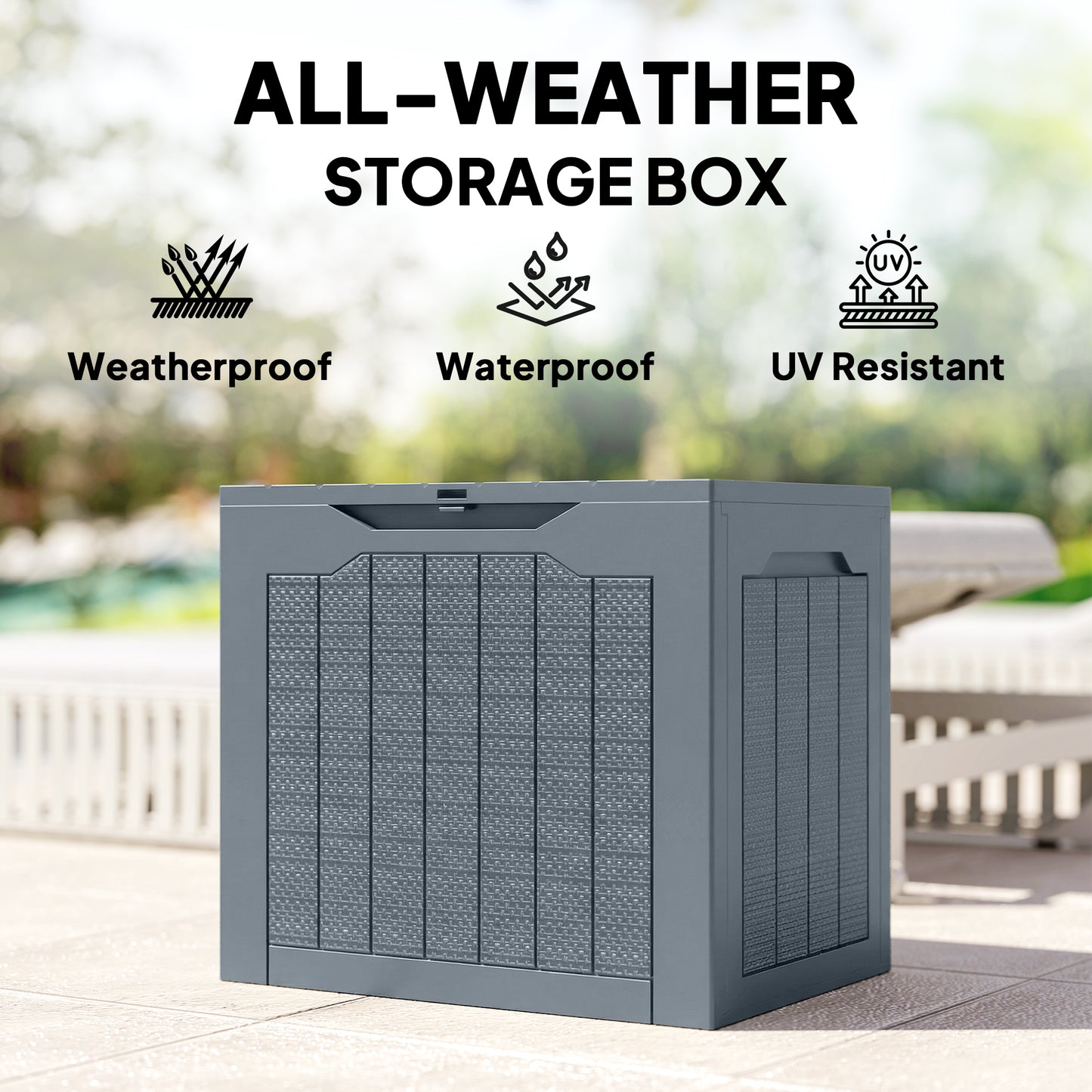 97L Plastic Garden Storage Box, Outdoor Storage Box with Handles, Waterproof Outdoor Storage Container, Light Grey