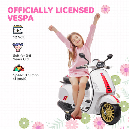 12V Vespa Licensed Kids Electric Motorbike w/ Music, Lights, FM Radio, for 3-6 Years - White