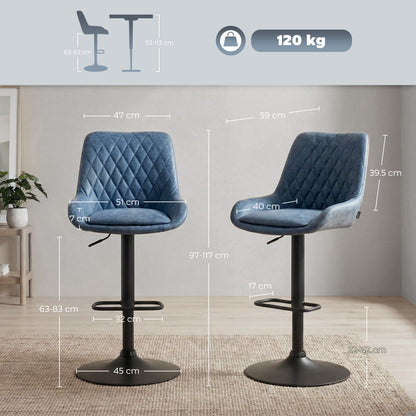 Set of Two Faux Leather Retro Bar Stools - Dark Blue