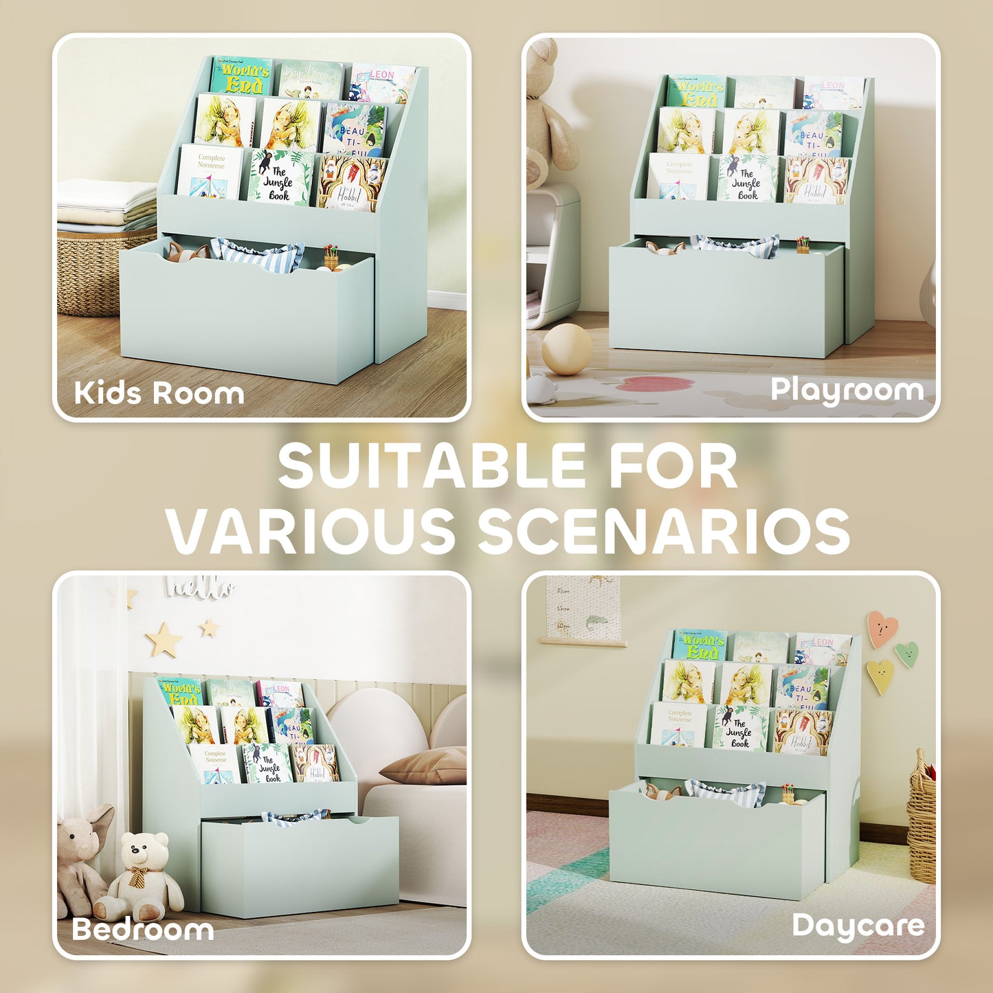 Bookcase for Kids with Shelves, Drawer, Bookcase for Bedroom, Playroom, Green