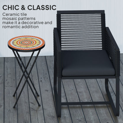 Mosaic Outdoor Garden Table, 35.5cm Round Folding Coffee Table with Metal Frame for Balcony Terrace, Orange