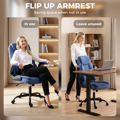 Linen-Look Computer Desk Chair, Executive Office Chair with Flip-Up Armrests and Thick Cushion, Blue