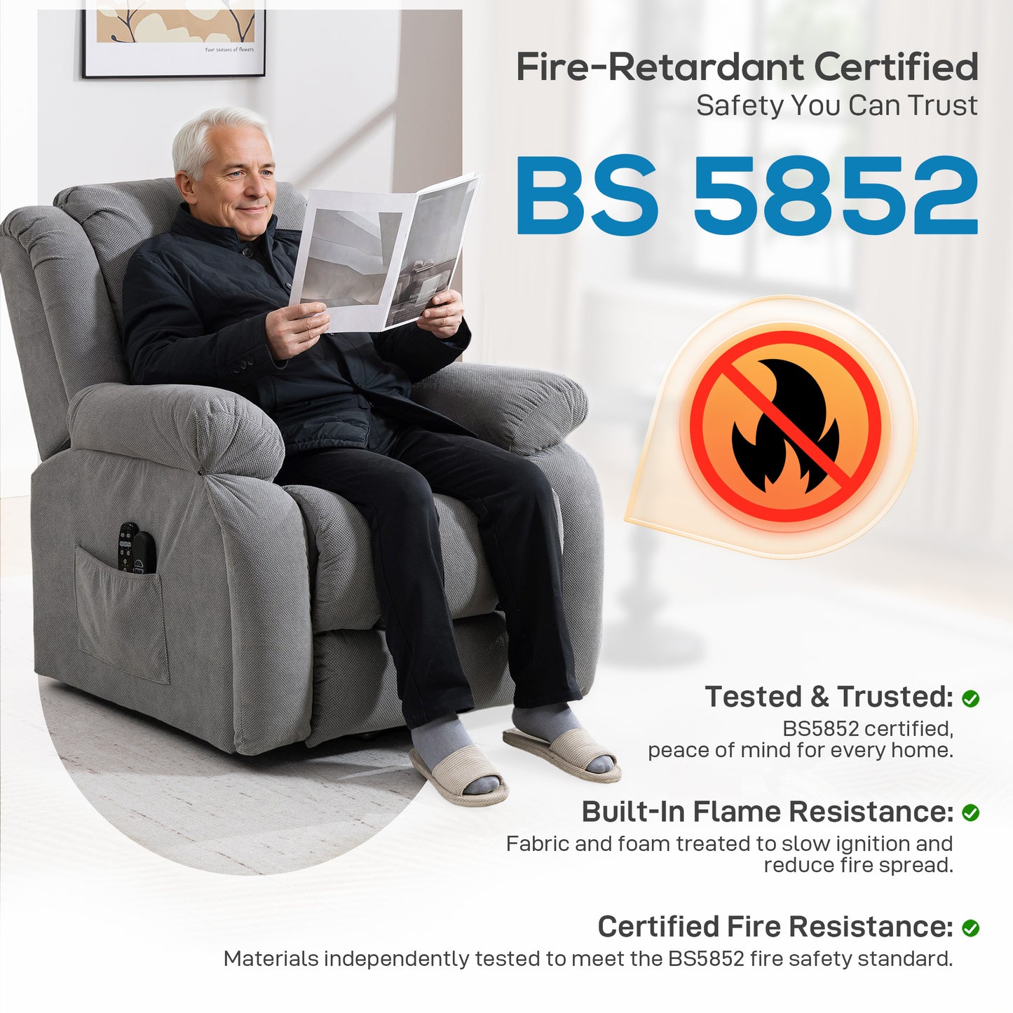 Recliner Armchair Lift Chair, Electric Recliner Chair with Vibration Massage and Heat, Wide Seat, USB Port, Light Grey