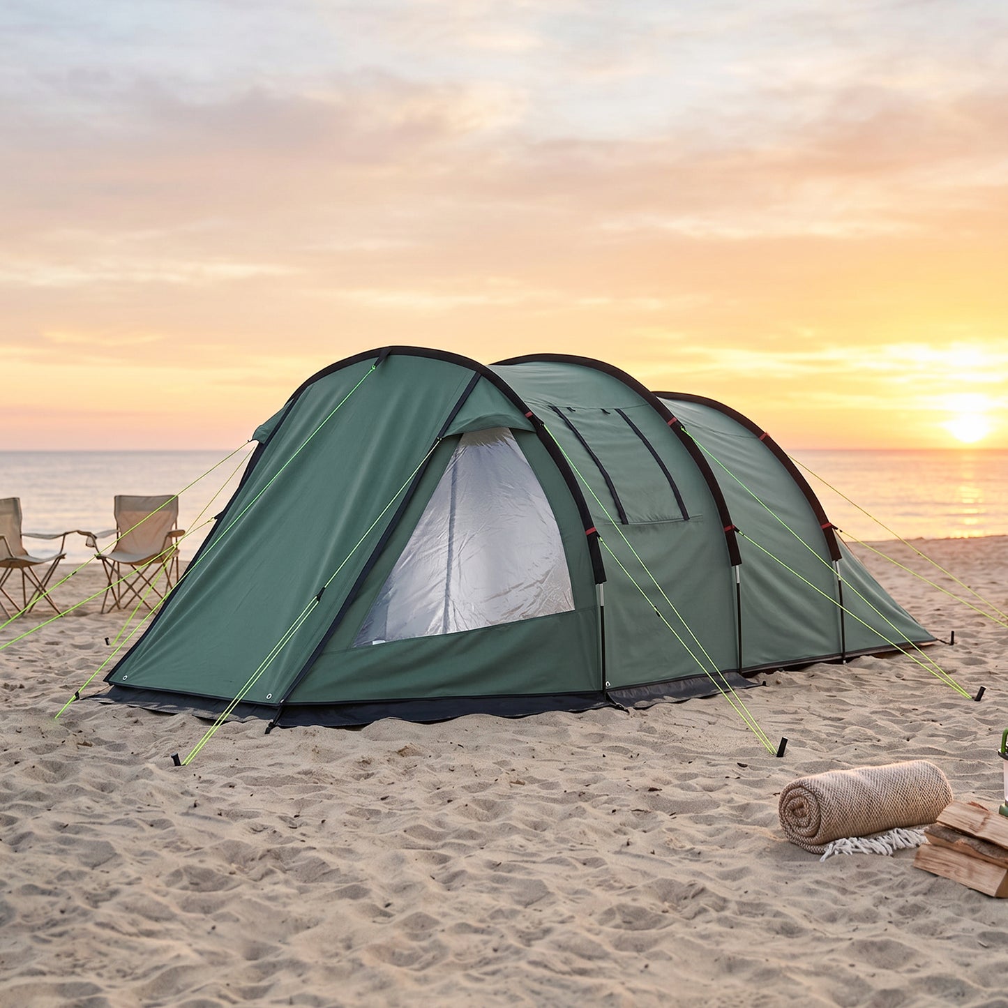 Two Room Tunnel Tent Camping Tent for 3 Man with Windows, Covers, Carry Bag, for Fishing, Hiking, Sports, Green