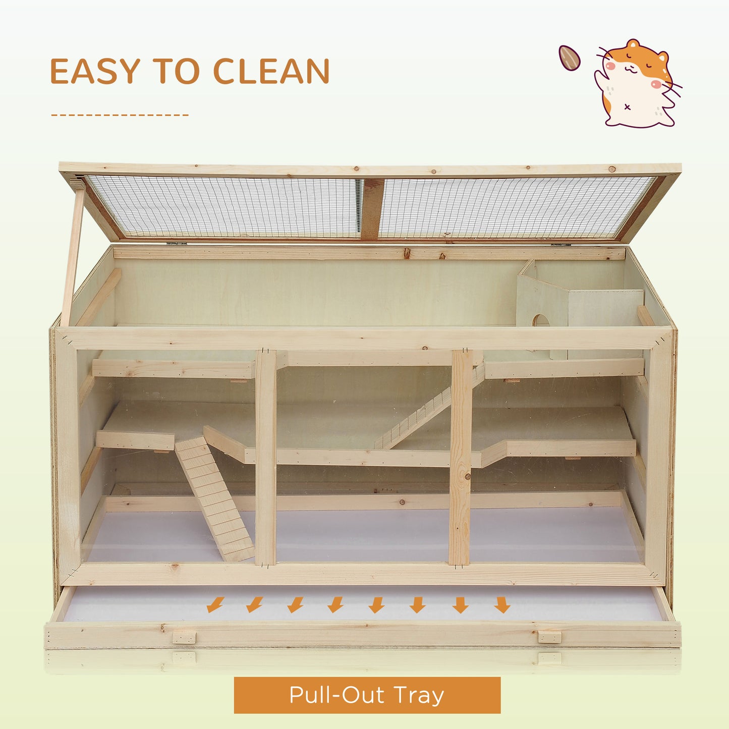 Wooden Hamster Cage, Small Animals Hutch with Tray, Openable Top, Exercise Play House Pen, 115L x 57W x 55Hcm, Natural
