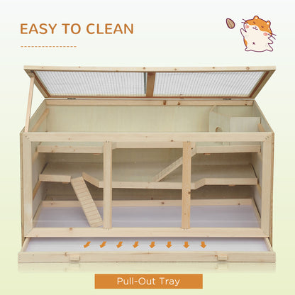Wooden Hamster Cage, Small Animals Hutch with Tray, Openable Top, Exercise Play House Pen, 115L x 57W x 55Hcm, Natural