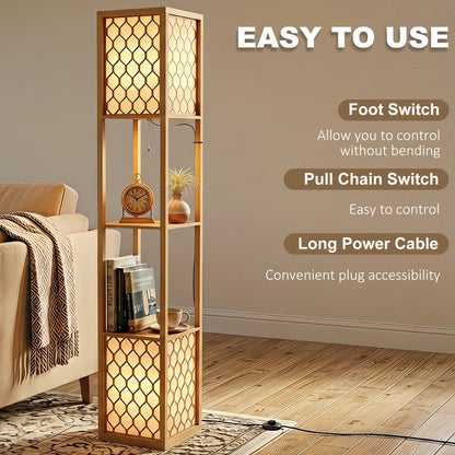 Floor Lamp with Shelves, Modern Tall Standing Lamp with Fabric Lampshades, Zipper Switch, Natural Wood Finish