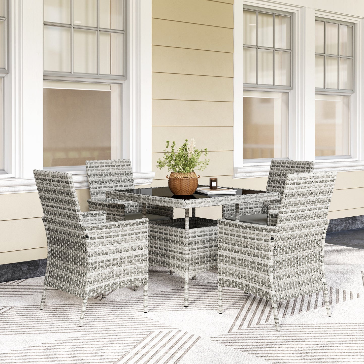 Rattan Garden Furniture Set, Outdoor Dining Table and Chairs 4 Seater with Cushions, Square Tempered Glass Top, 4 Armchairs