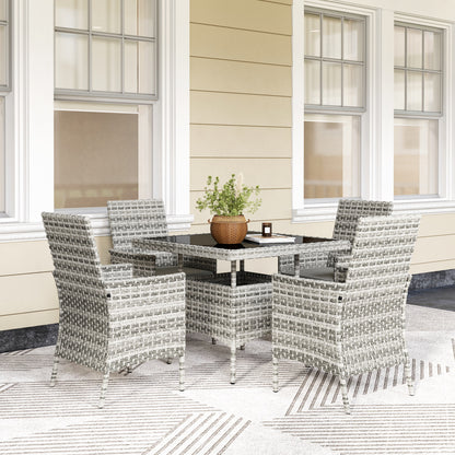 Rattan Garden Furniture Set, Outdoor Dining Table and Chairs 4 Seater with Cushions, Square Tempered Glass Top, 4 Armchairs