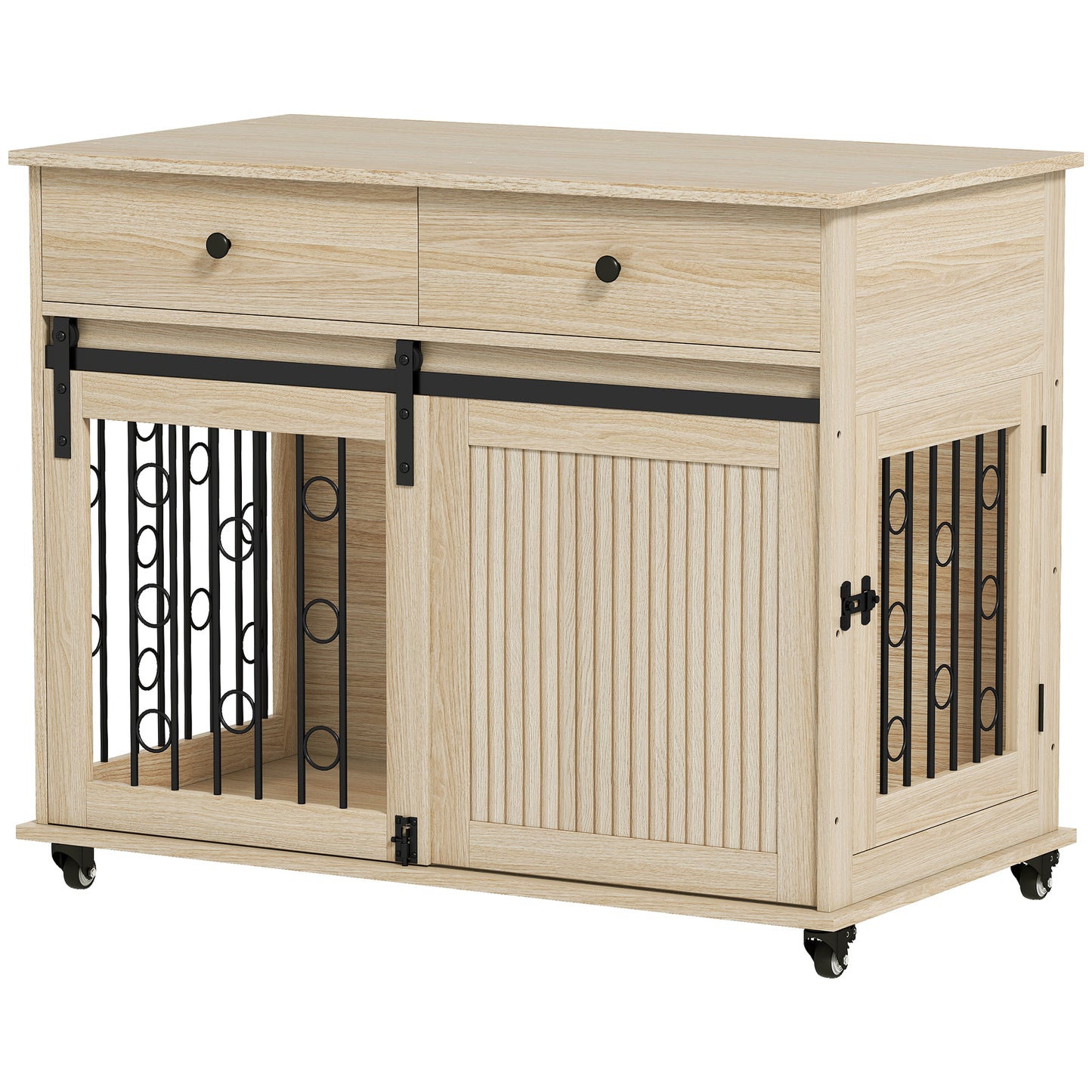 Dog Crate Furniture on Wheels, Dog Cage with 2 Drawers, Sliding Door, for Medium Large Dogs, Oak Tone