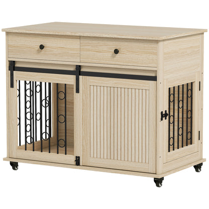 Dog Crate Furniture on Wheels, Dog Cage with 2 Drawers, Sliding Door, for Medium Large Dogs, Oak Tone