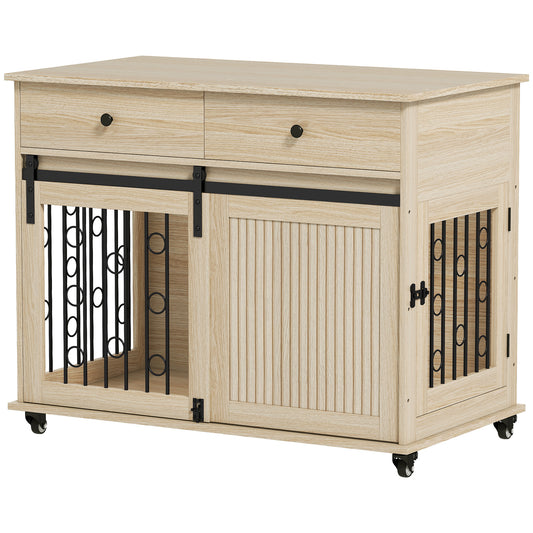Dog Crate Furniture on Wheels, Dog Cage with 2 Drawers, Sliding Door, for Medium Large Dogs, Oak Tone