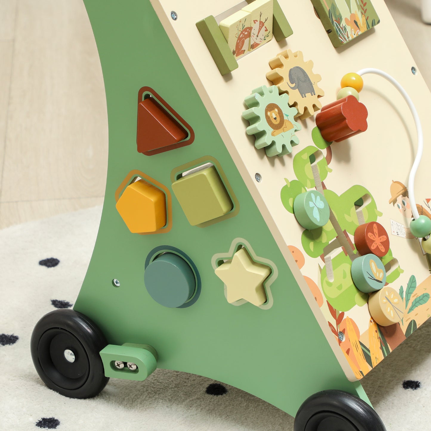 Wooden Baby Walker, Push Along Walker Toys with Speed Control, Xylophone, gears and Bead Maze, Green