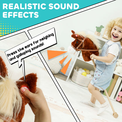 Stick Horse with Wood Wheels, Real Pony Neighing and Galloping Sounds, Grip Handle, 95 cm, Brown