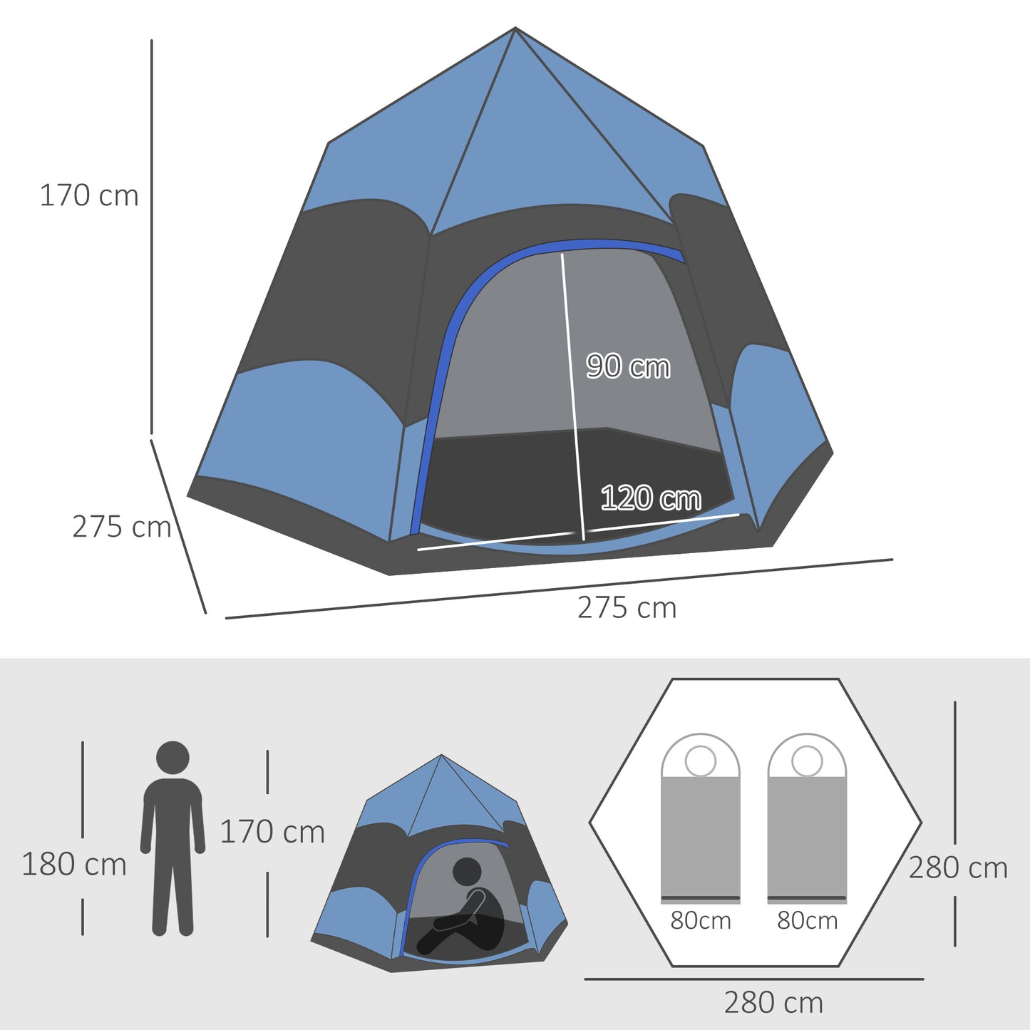 4 Man Hexagon Camping Tent with Hang Hook and Carry Bag - Blue and Black