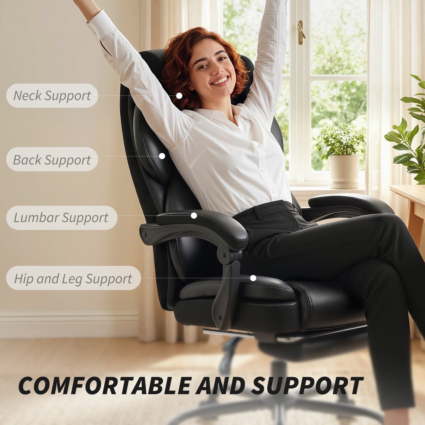 Adjustable Office Chair Reclining Computer Desk Chair with Footrest, Armrest, Casters, Black