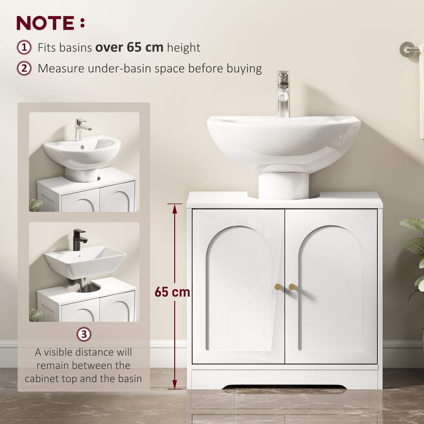 Under Sink Bathroom Cabinet with 2 Arch Doors - White