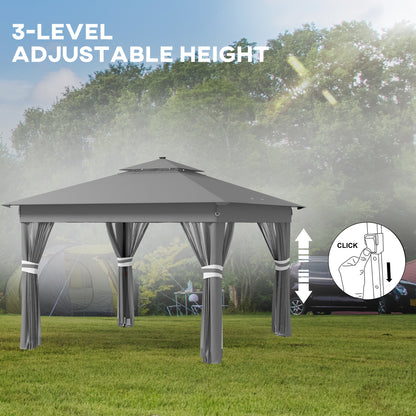 3.36 x 3.36m Pop Up Gazebo Party Tent with Solar-Powered LED Lights, Adjustable Event Shelter with Netting, Grey