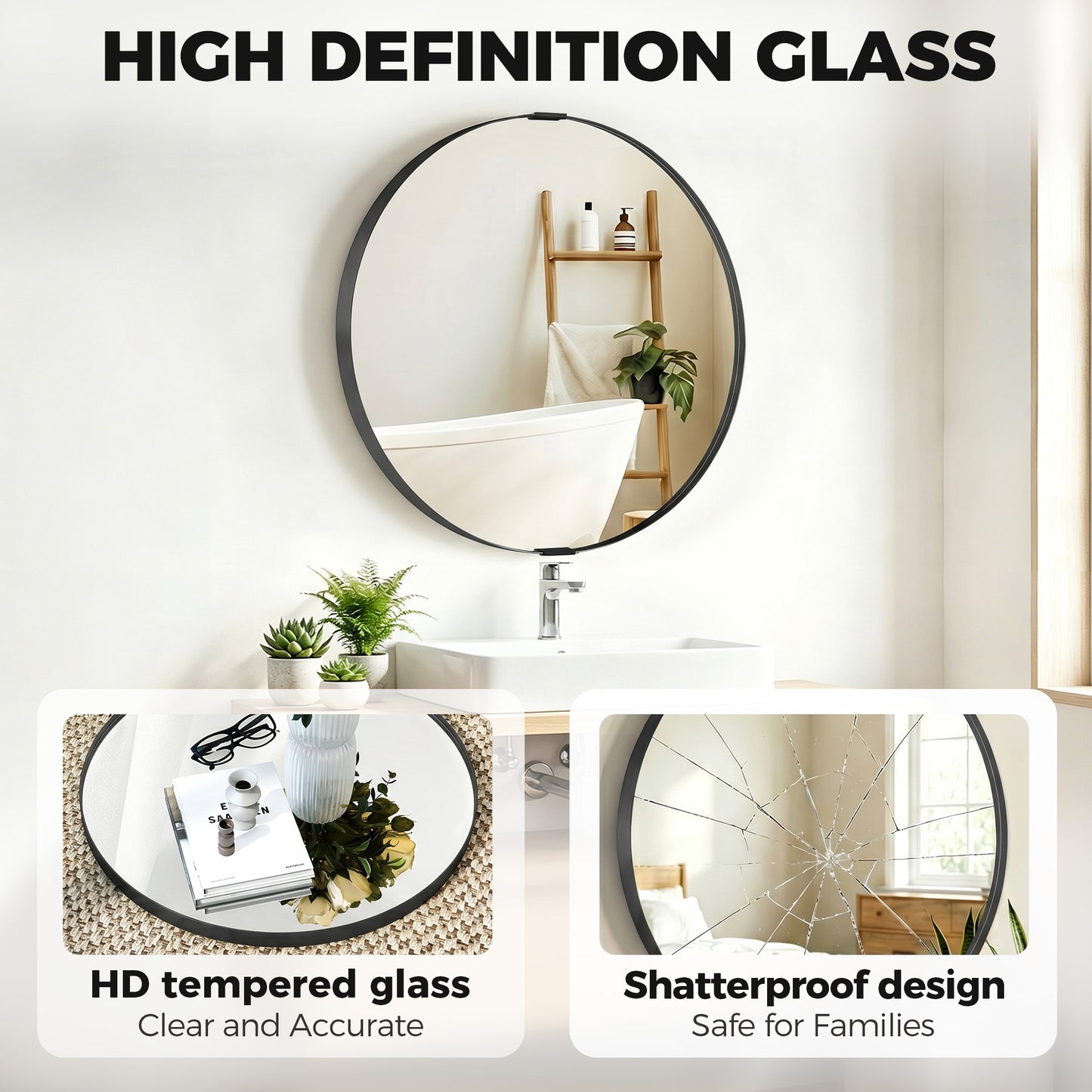 Round Wall Mirror 61 cm, Wall Mounted Bathroom Mirror with Tempered Safety Glass and Aluminium Alloy Frame, Black