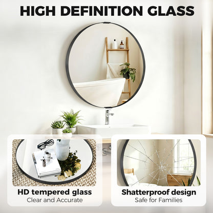 Round Wall Mirror 61 cm, Wall Mounted Bathroom Mirror with Tempered Safety Glass and Aluminium Alloy Frame, Black
