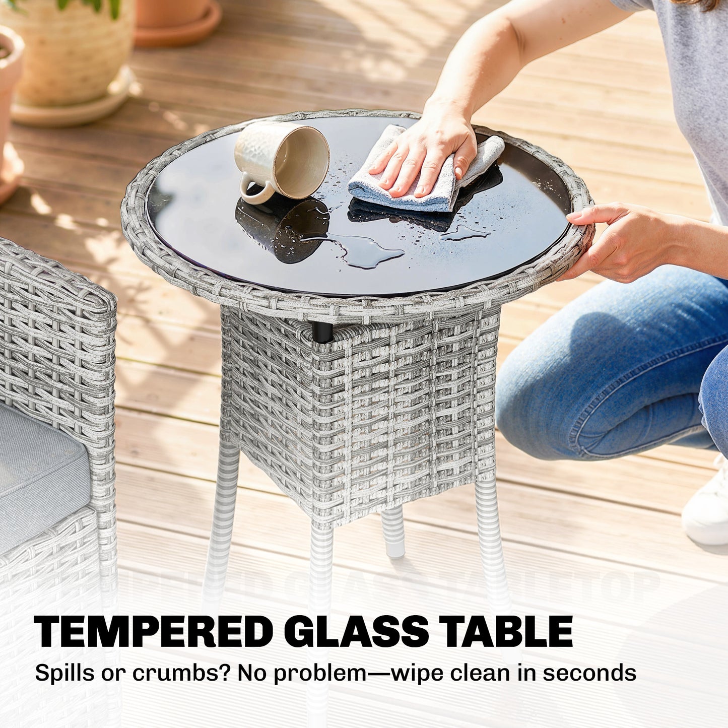 Rattan Bistro Set, Reclining Garden Chairs and Glass Coffee Table with Cushions for Patio Balcony Porch, Light Grey