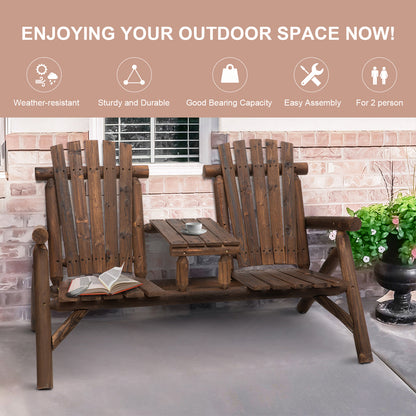 Wood Patio Chair Bench 2 Seats Jack and Jill Seat w/ Center Coffee Table, Garden Bench, Carbonized