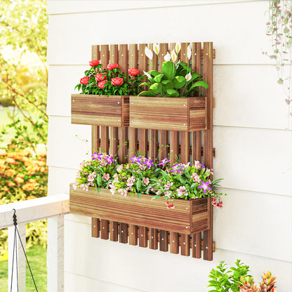 Wall-mounted Wooden Garden Planters with Trellis, Drainage Holes and 3 Planter Boxes for Patio, Carbonised