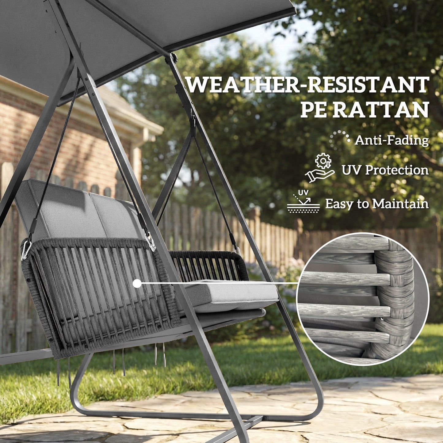 2-Seater Rattan Swing Chair, Outdoor Garden Hanging Swing Seat with Stand, Adjustable Canopy and Soft Cushions