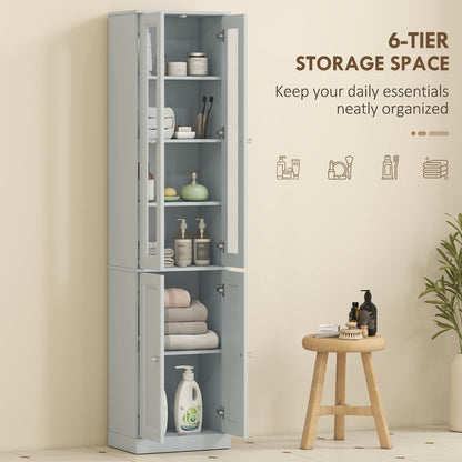 Tall Bathroom Storage Cabinet, 6-Tier Slim Bathroom Cabinet with Adjustable Shelf, 4 Soft-Close Doors, Dusty Blue