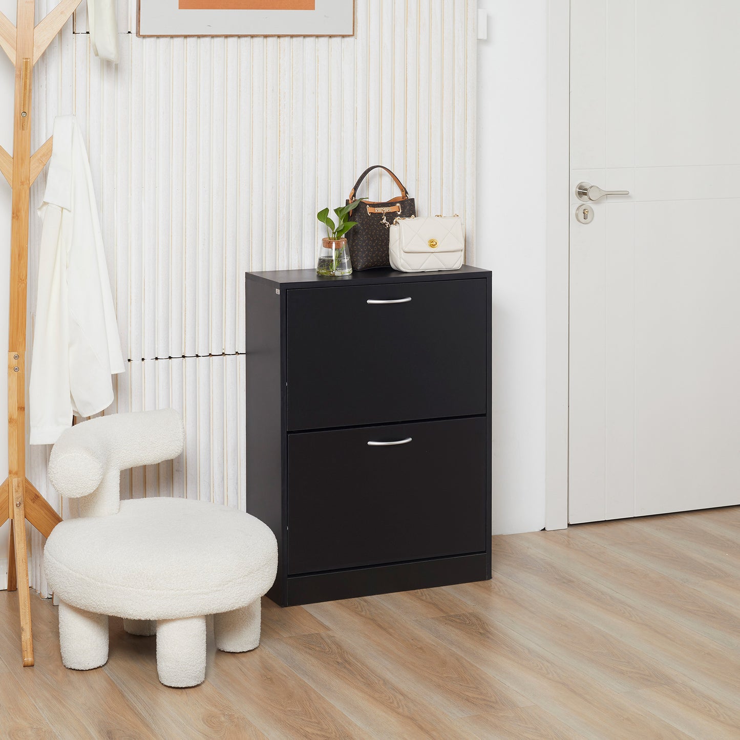 2 Drawer Shoe Cabinet, Narrow Shoe Storage Cabinet with Flip Doors and Adjustable Shelves
