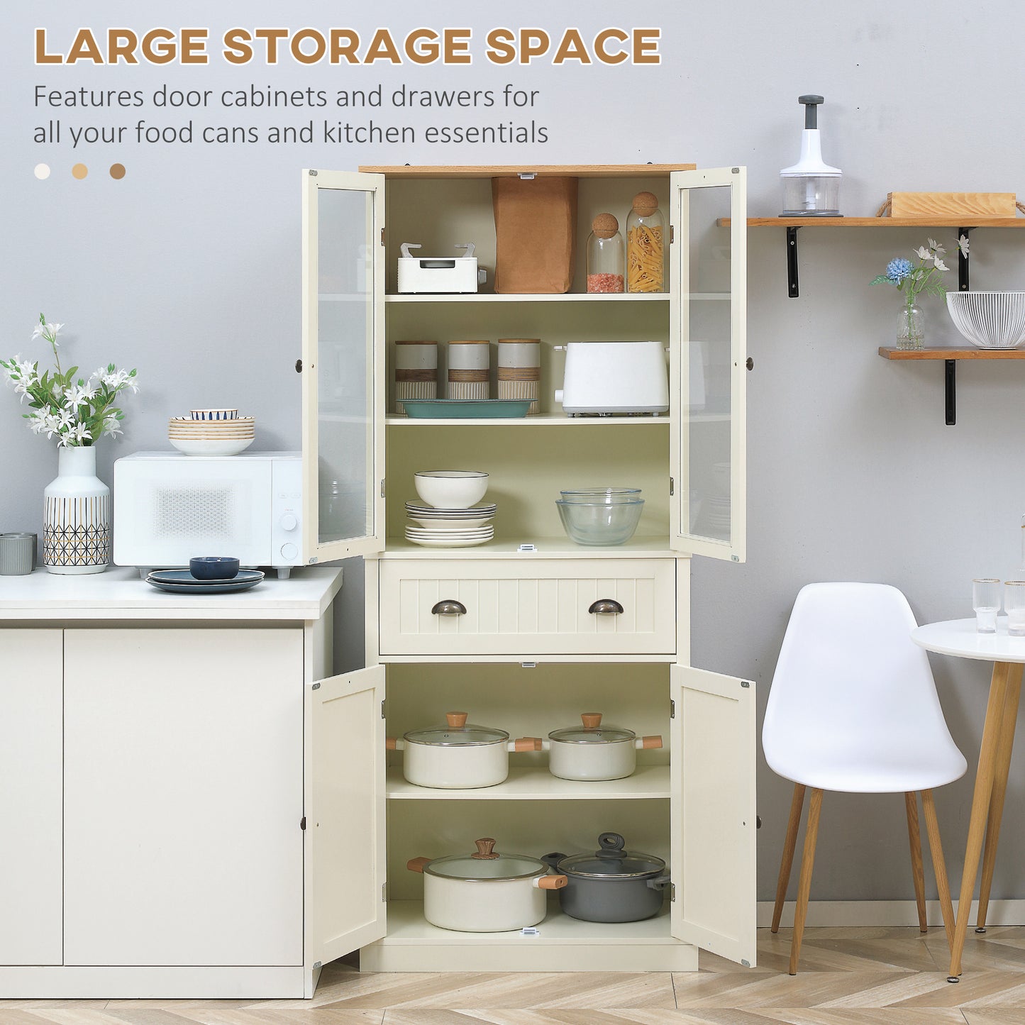 Freestanding Kitchen Cupboard, 5-tier Storage Cabinet with Adjustable Shelves and Drawer, Cream White