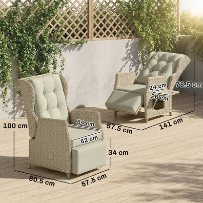 Rattan Garden Recliner Chair, Reclining Garden Chair with Adjustable Back and Footrest, Flip Table, Cushion, Brown