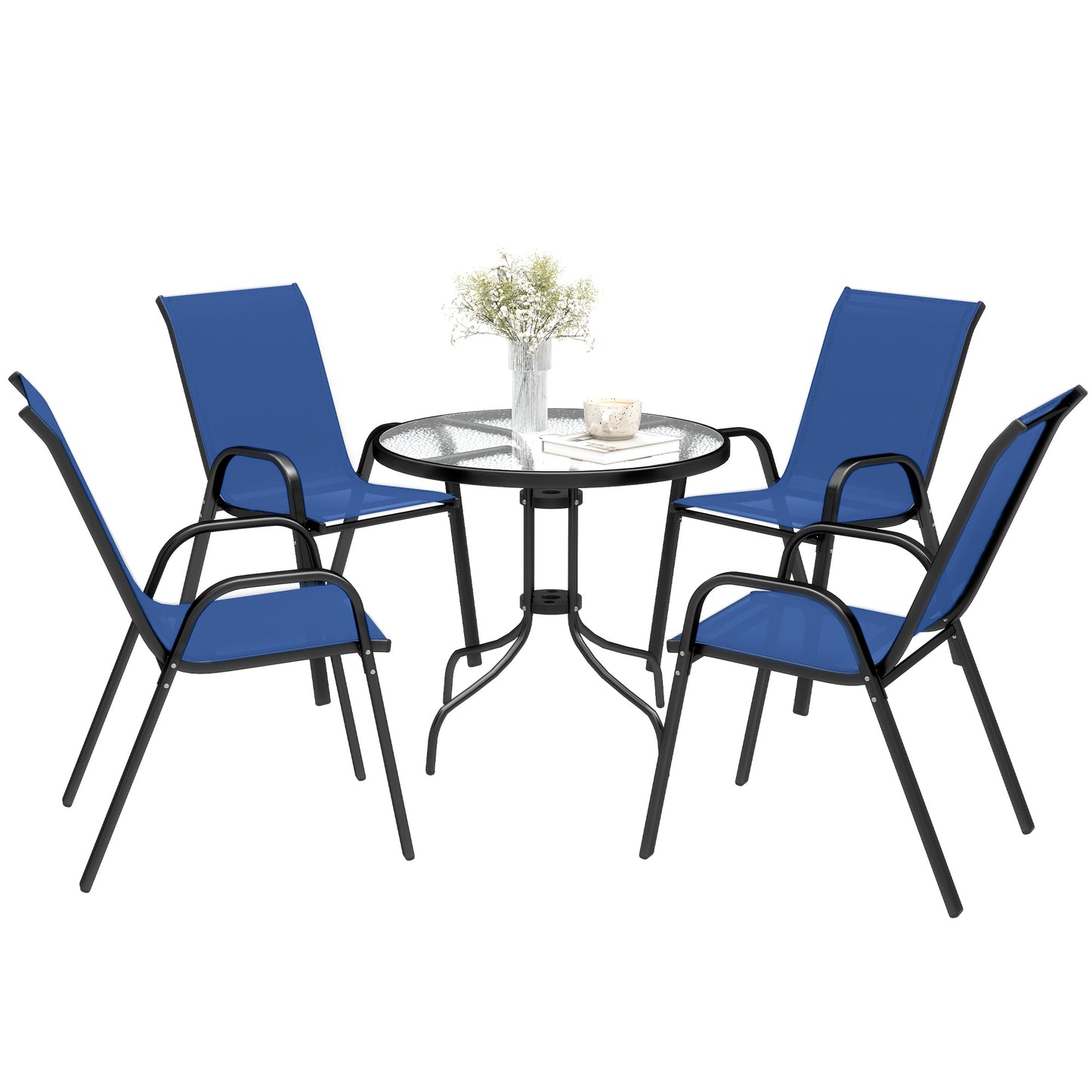 Five-Piece Steel Patio Set, with Glass-Top Table - Dark Blue