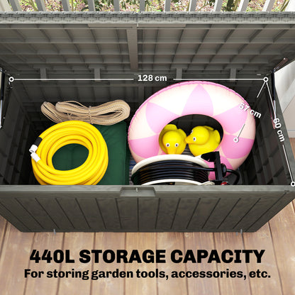 440L Garden Storage Box, Waterproof & UV Resistant Resin Deck Box with Lockable Lid, Pneumatic Gas Rods, Side Handles