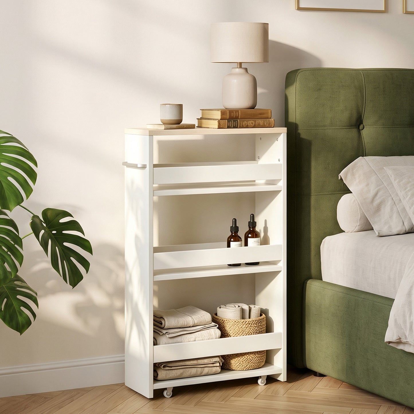 Storage Cart, 4-Tier Compact Storage Trolley on Wheels and Handle, 48W x 15D x 80H cm, White