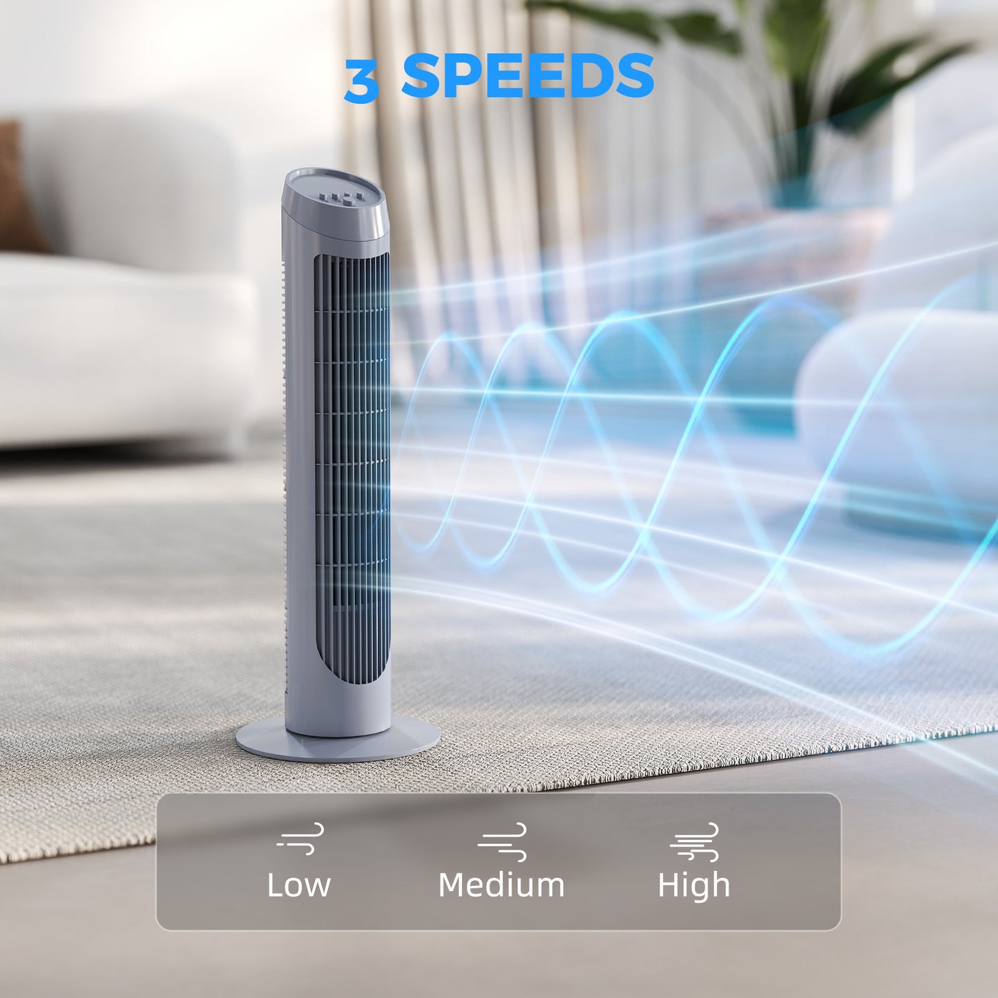 Tower Fan for Bedroom Cooling, 75cm Electric 70° Oscillating with 3 Speed Settings, Standing Floor Fan, Grey