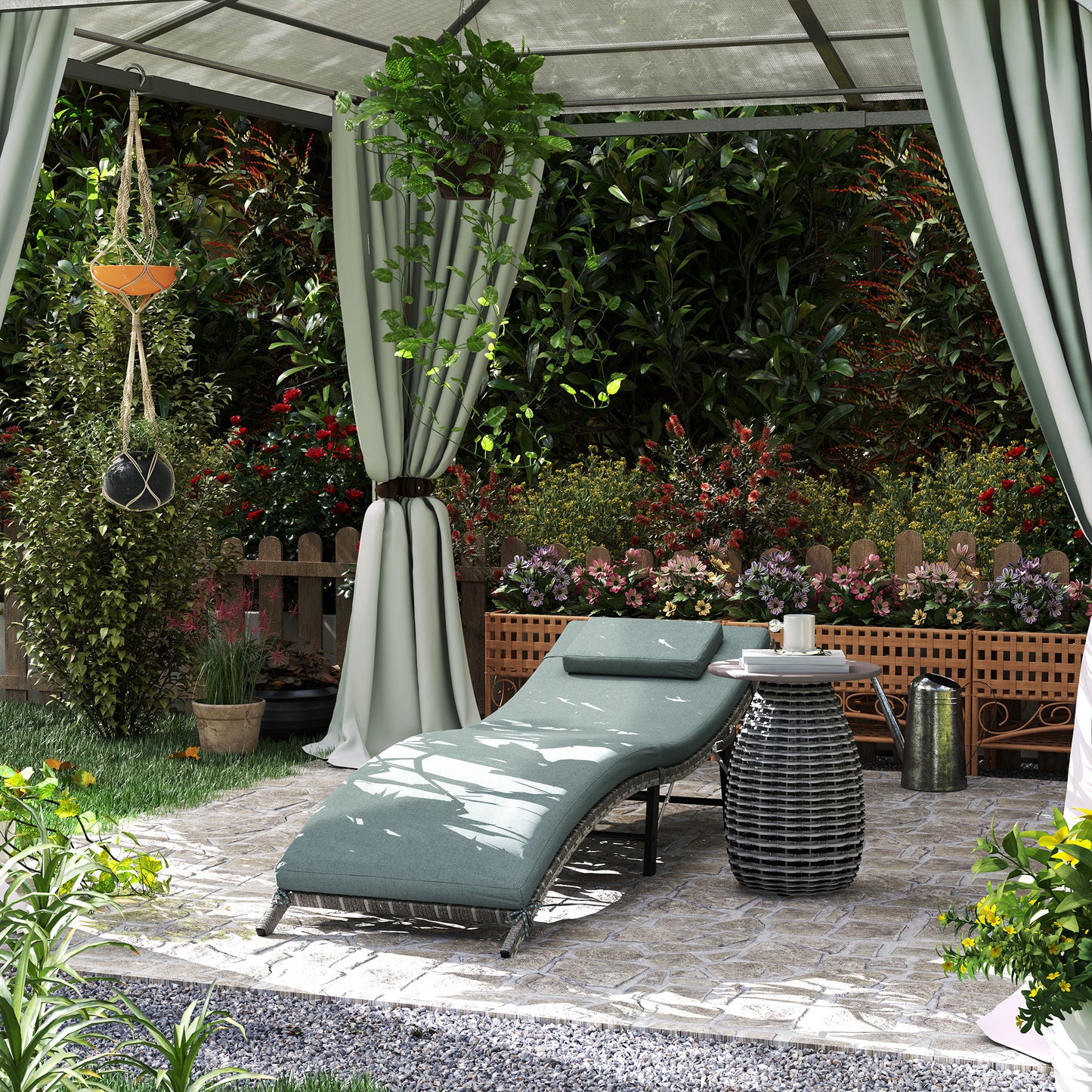 Rattan Folding Sun Lounger Outdoor Chair with Cushion and Pillow Mixed Grey