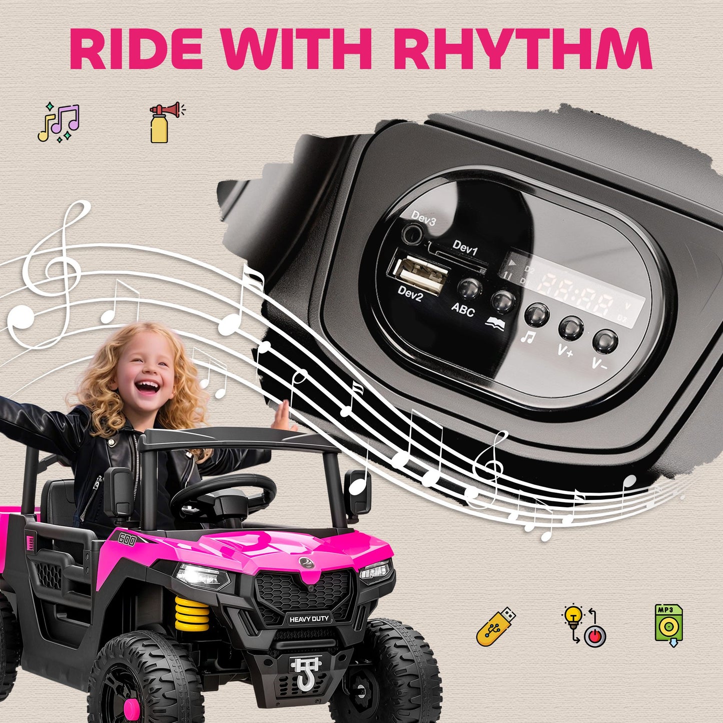 Kids Ride on Car, 12V Electric Kids UTV with Electric Dump Bed, 4-Wheel Suspension for 3-8 Years, Pink