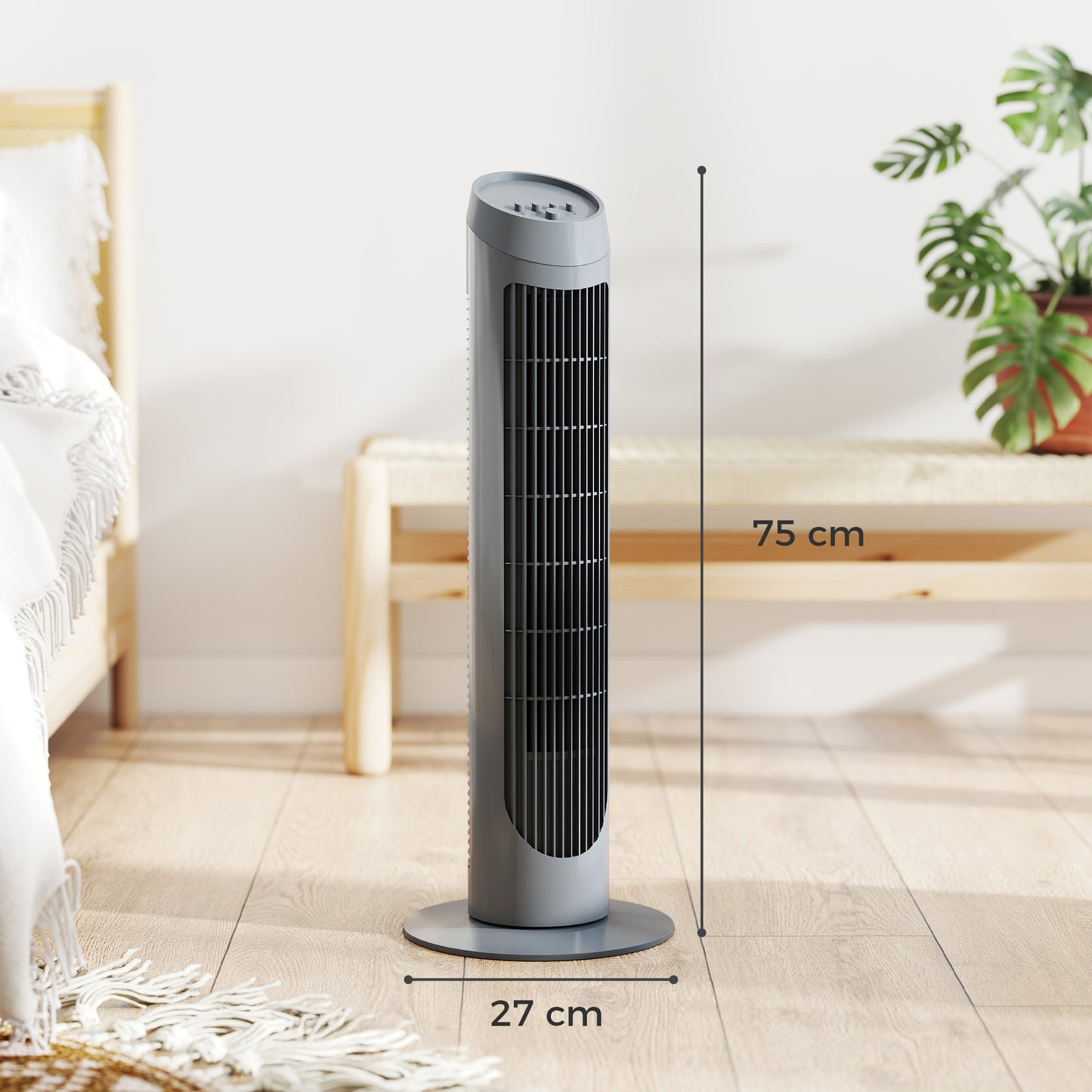 Tower Fan for Bedroom Cooling, 75cm Electric 70° Oscillating with 3 Speed Settings, Standing Floor Fan, Grey