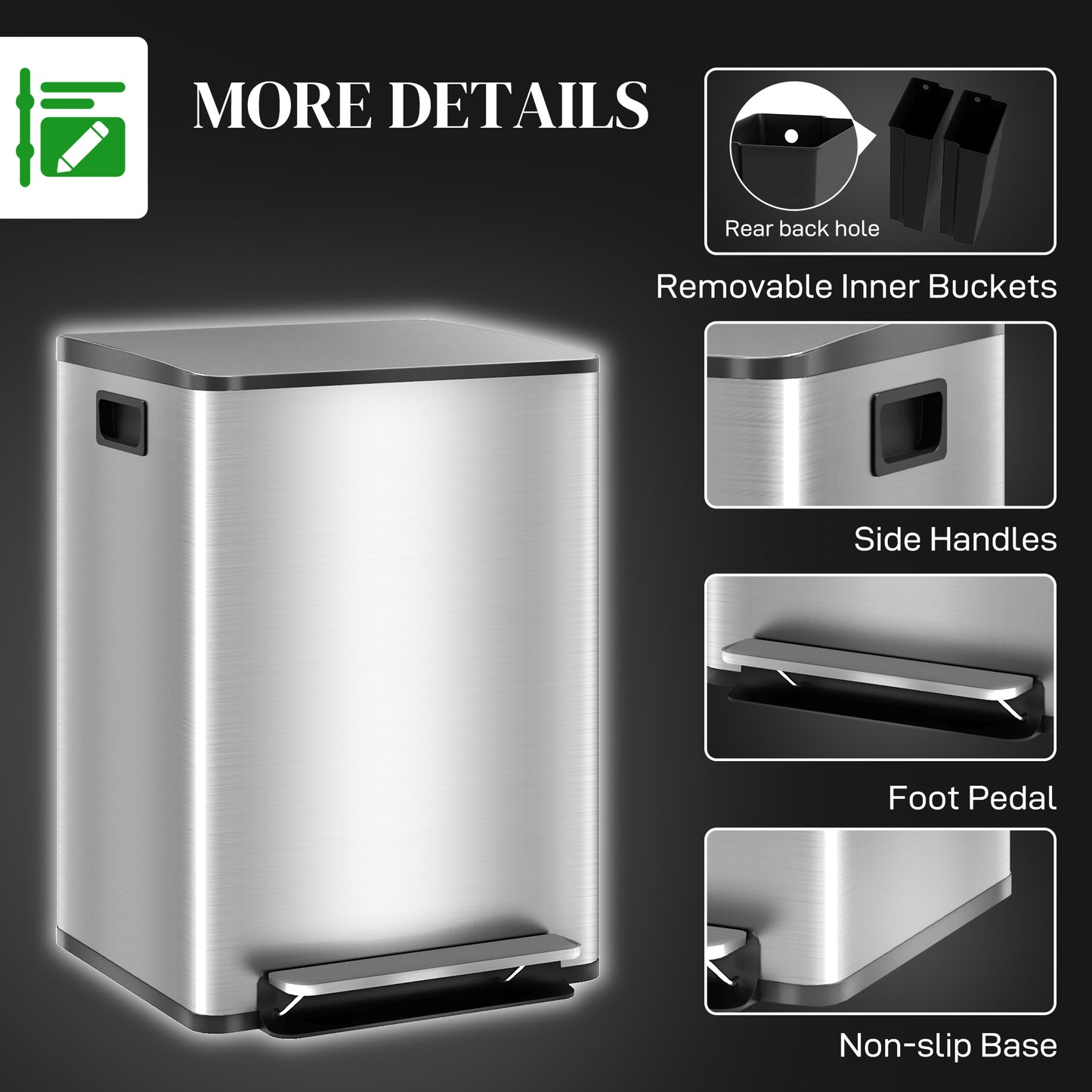 40L Dual Compartment Stainless Steel Bin, with Deodoriser Holders - Silver Tone
