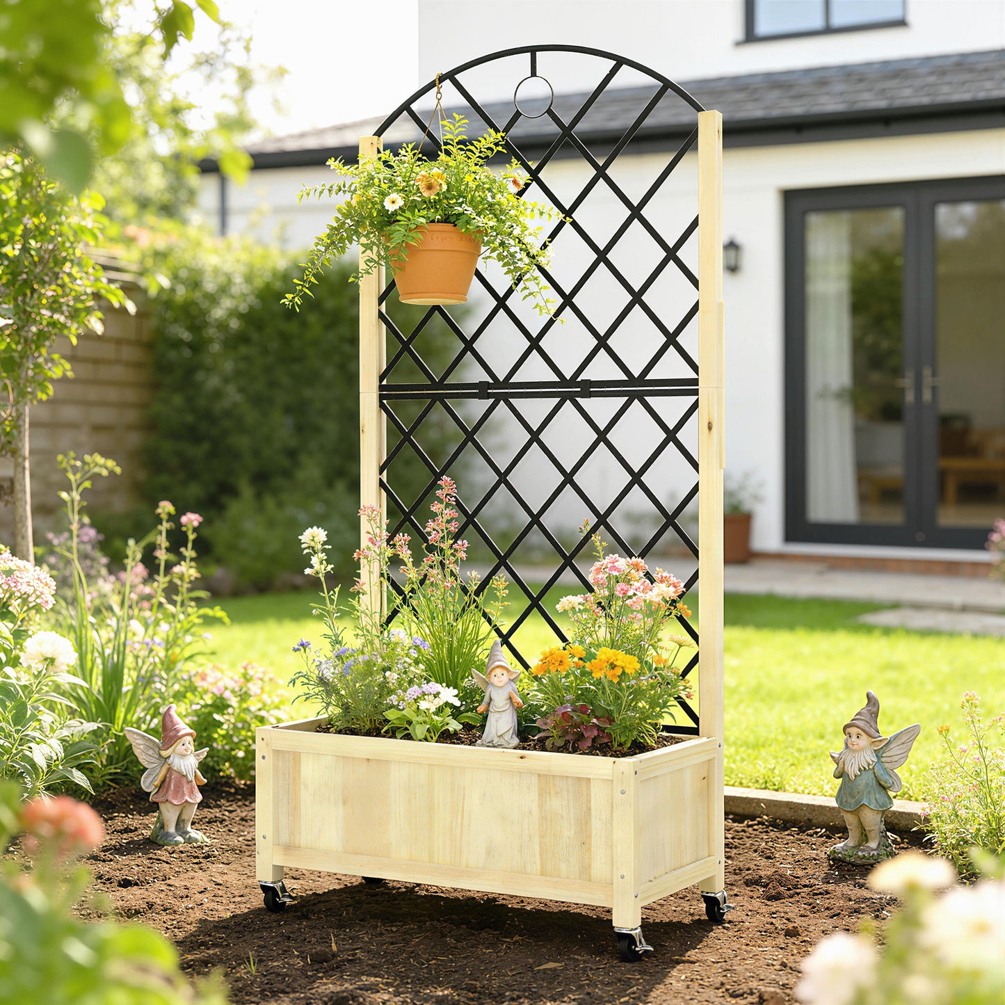 Raised Garden Bed with Metal Trellis, Wooden Elevated Planter Box with Lockable Wheels, Outdoor Raised Planter, Natural