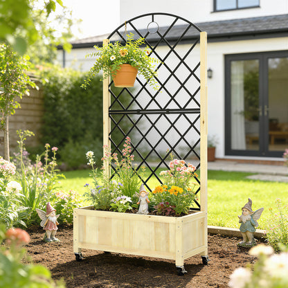 Raised Garden Bed with Metal Trellis, Wooden Elevated Planter Box with Lockable Wheels, Outdoor Raised Planter, Natural