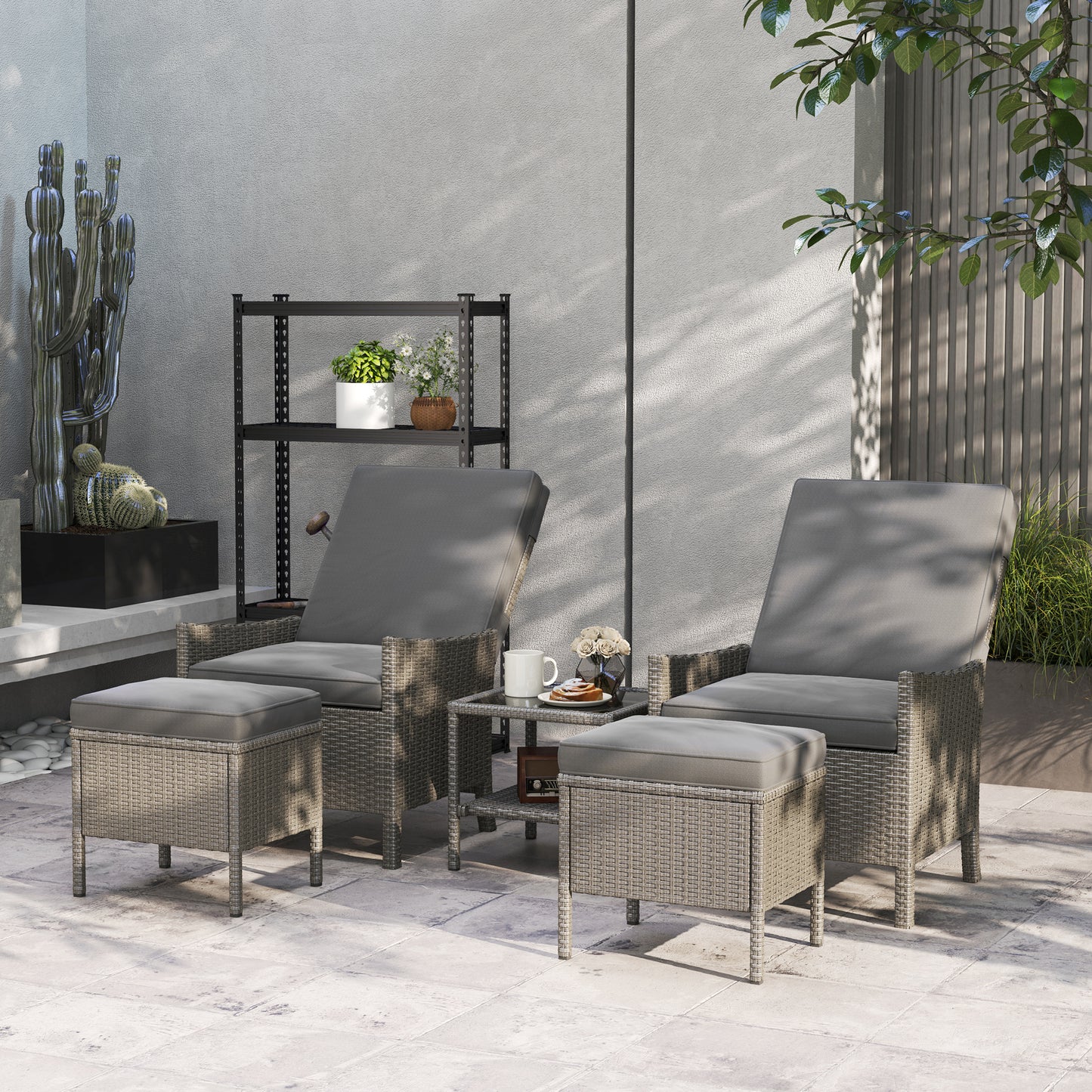 5 Piece Rattan Garden Furniture Set, Wicker Patio Sofa Set with 2 Armchairs, 2 Footstools, Glass Top Coffee Table with Shelf